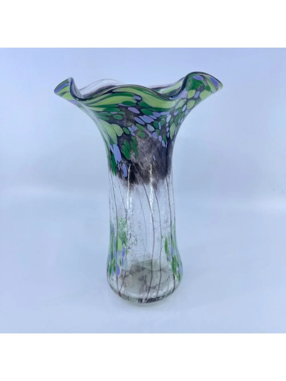 vintage handblown art glass vase with ruffled edge & green purple floral pattern
